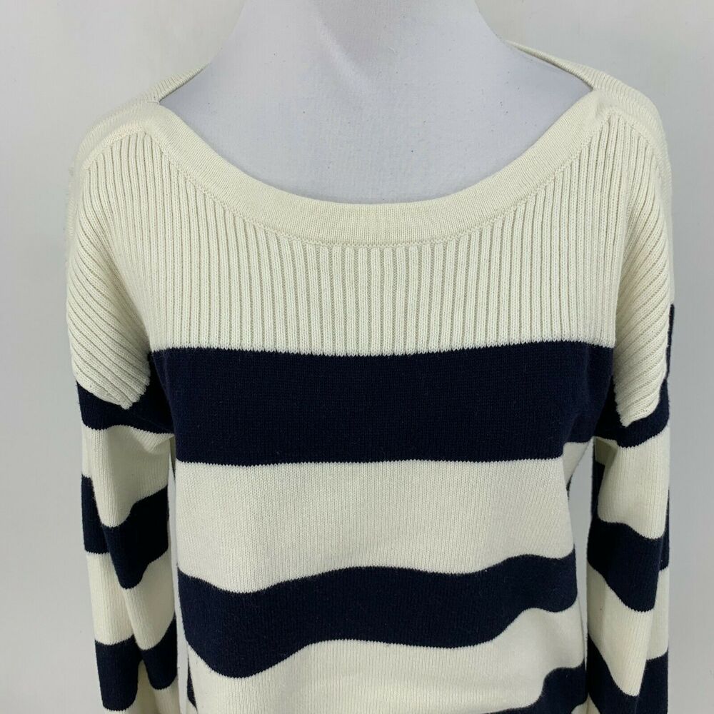Talbots Striped Sweater Women L Large Navy White Boat Neck Rib Contrast Pullover - Picture 4 of 11